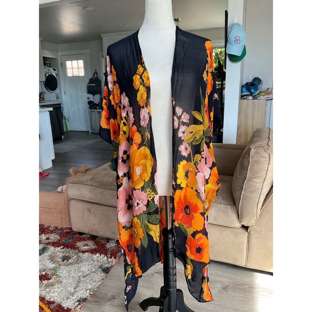 Floral Sheer Kimono Wrap Swim Coverup Boho Resortwear Black Orange OS